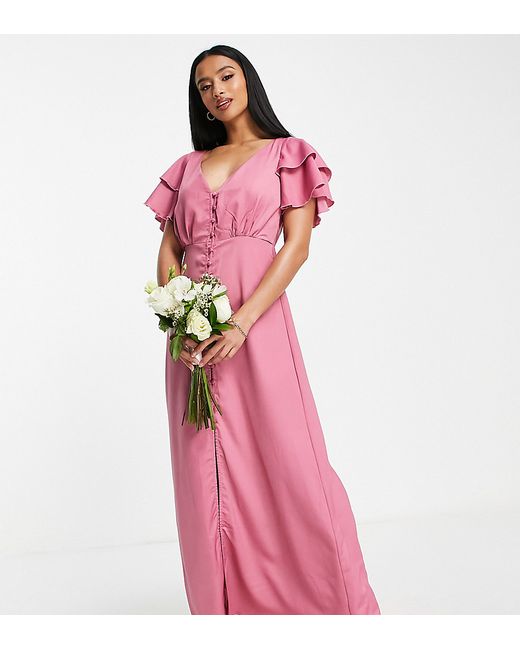 Little Mistress Petite Bridesmaid satin maxi dress with flutter sleeves in dark