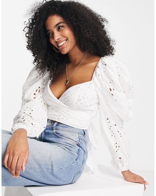 ASOS Edition wrap front broderie crop top with tie back in