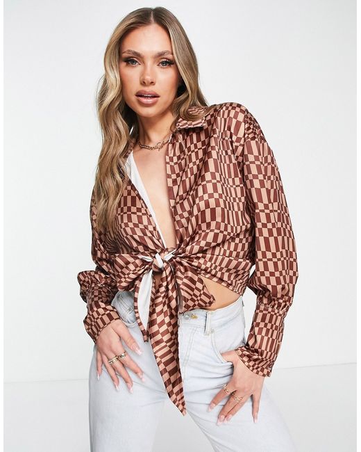 Missguided tie front shirt in checkerboard part of a set