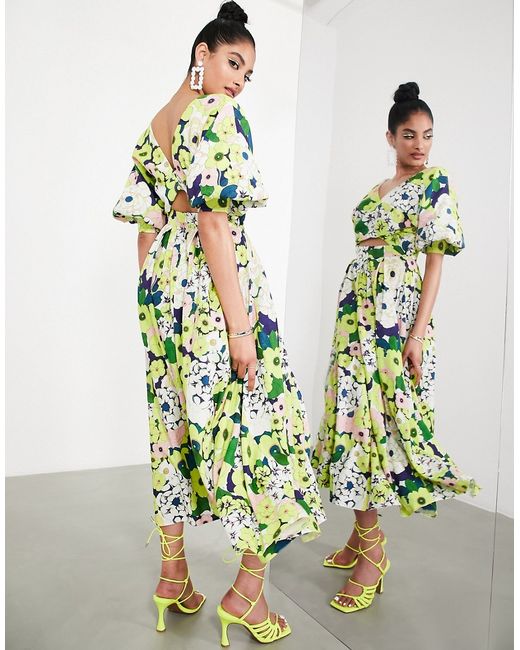 ASOS Edition wrap front linen midi dress with blouson sleeve in floral print-