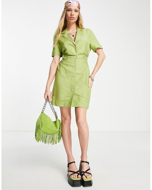 Bershka ruched cut out detail tailored dress in lime-