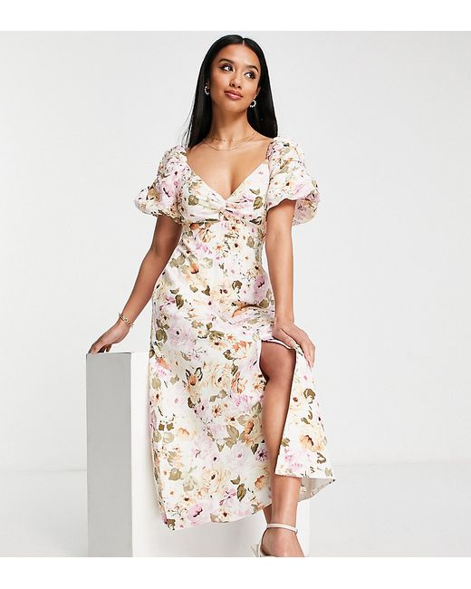 Ever New Petite puff sleeve midi dress in rose floral-