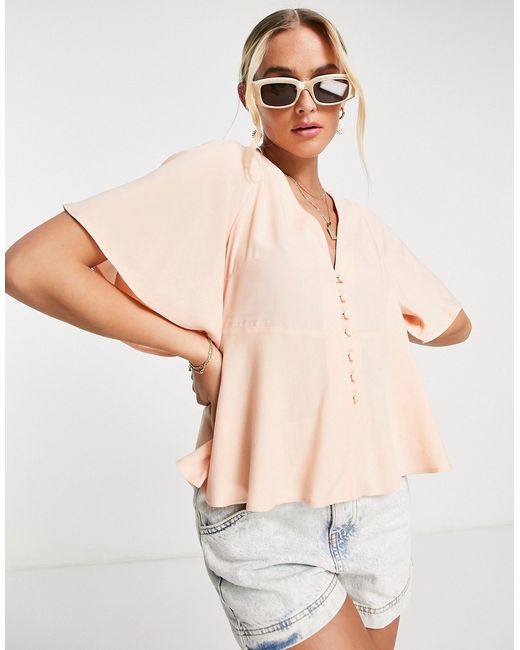 Asos Design button front tee blouse with flutter sleeve in peach-