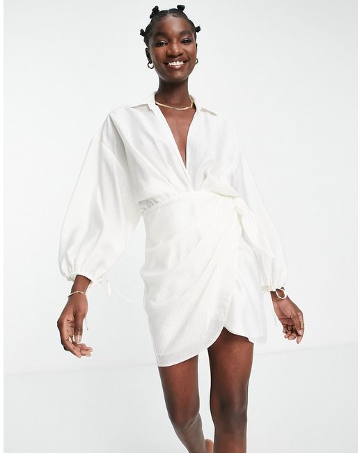 Asos Design drape wrap front mini dress with oversize blouson sleeve and open back detail-