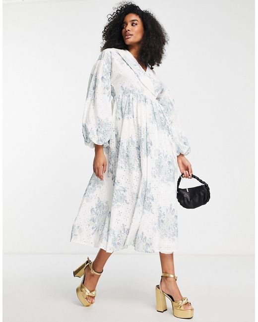 ASOS Edition wrap smock printed broderie midi dress with collar in