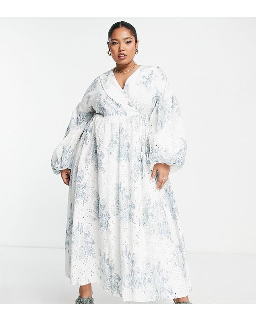 ASOS Edition Curve wrap smock printed eyelet midi dress with collar in