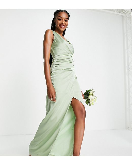 Liquorish Tall Bridesmaid satin wrap front maxi dress with skirt in fresh sage-