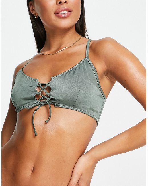 French Connection lace-up bikini top in army