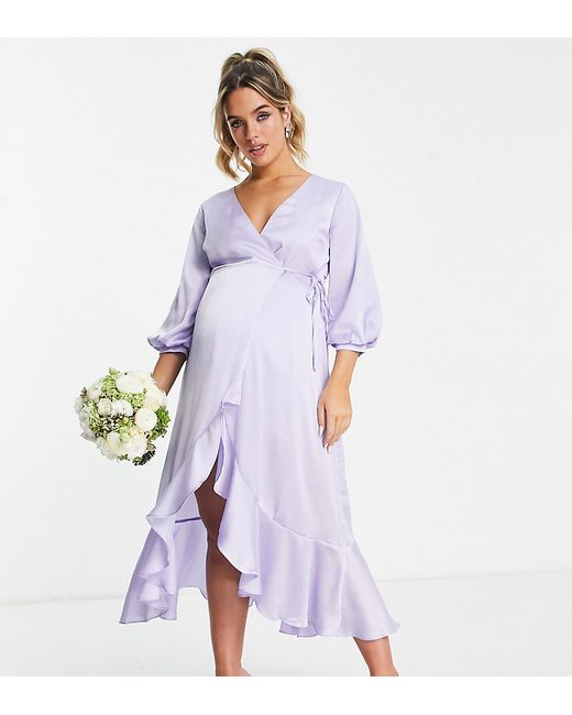 Liquorish Maternity Bridesmaid satin wrap midi dress with puff sleeve in lilac-