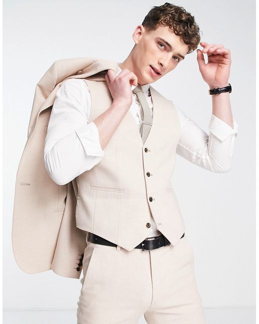 Asos Design skinny wool mix suit vest in basketweave texture stone-