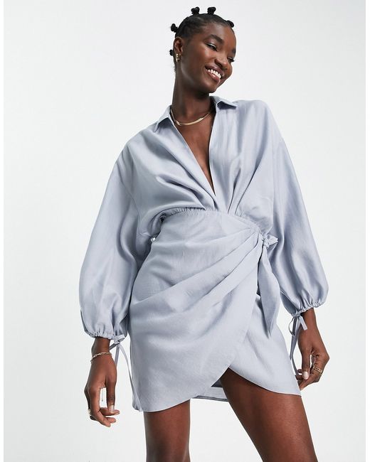 Asos Design drape wrap front mini dress with oversize blouson sleeve and open back detail-