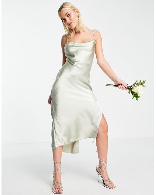 Asos Design Bridesmaid cami midi slip dress in high shine satin with lace up back sage-