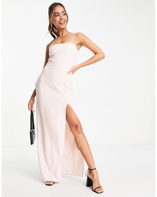 Vesper skinny strap front slit maxi dress in blush-
