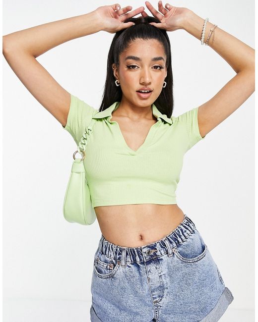 Monki short sleeve collared polo top in lime