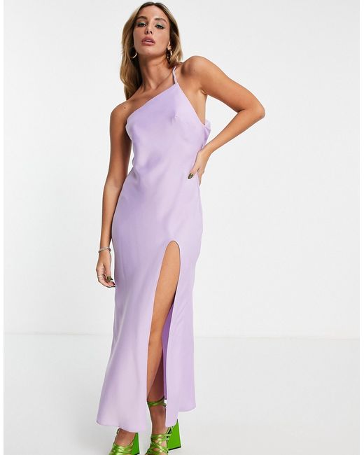 Asos Design one shoulder midaxi dress in satin with drape back lilac-