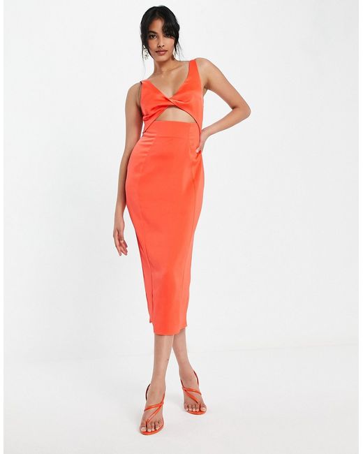 Asos Design twist front keyhole midi dress in coral-
