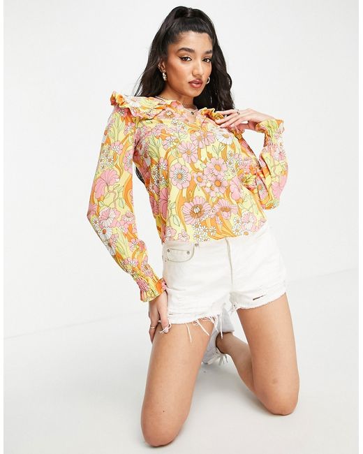 Monki recycled polyester frill collar shirt in retro floral print-