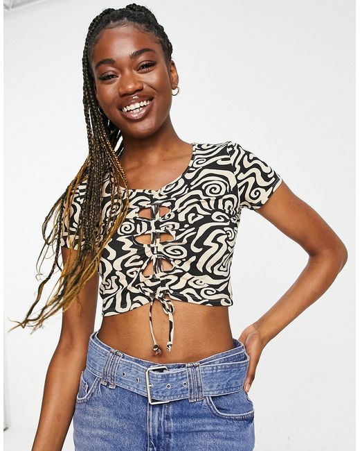 Monki crop top with cut-outs and drawstring front in swirl print-