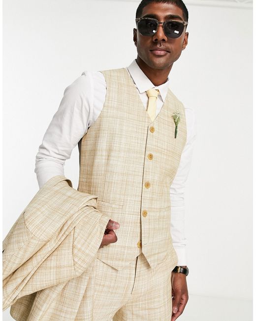 Asos Design wedding slim suit vest in stone crosshatch-