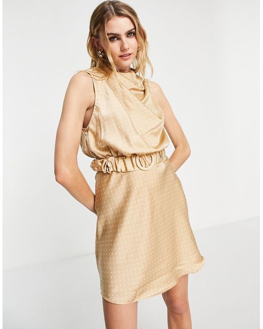 Asos Design drape high neck satin mini dress with scrunchie belt detail in spot print-