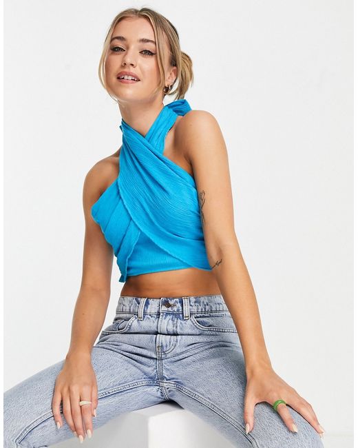 Asos Design crinkle wrap crop top with shirred back in bright blue-
