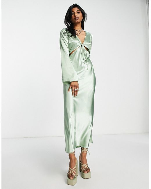 TopShop occasion satin cut out midi dress in sage-