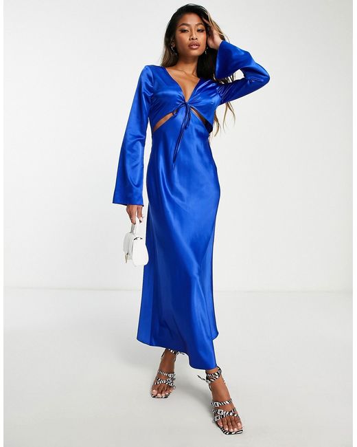 TopShop satin cut out midi dress in blue-