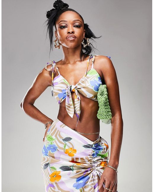 Asos Design tie front beach crop top in floral swirl print-