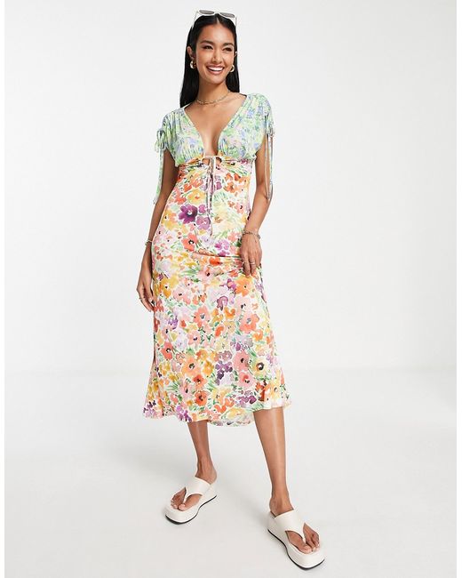 Asos Design short sleeve tie detail midi tea dress in mix match floral-