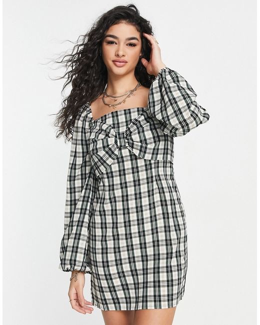 Lola May bow front balloon sleeve dress in check-