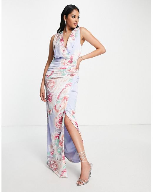 Liquorish Bridesmaid satin wrap front maxi dress with skirt in placement floral-