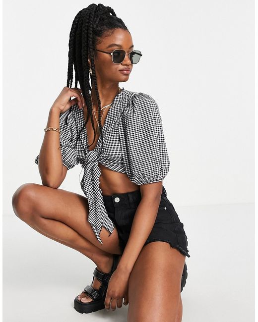 Monki tie front top in and white gingham print