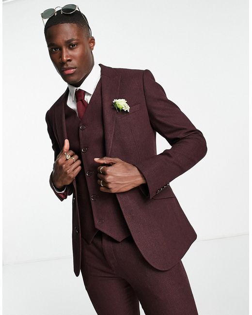 Asos Design wedding super skinny wool mix suit jacket in burgundy puppytooth-