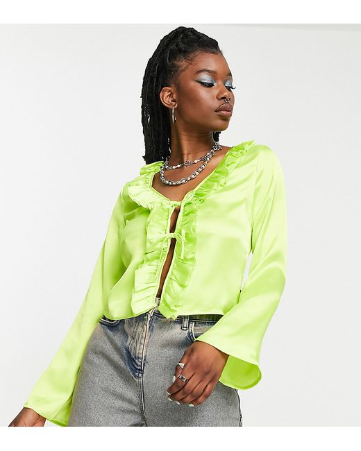 Collusion long sleeve tie front ruffle top in acid