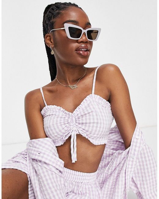 Miss Selfridge gingham strappy crop top in lilac part of a set-
