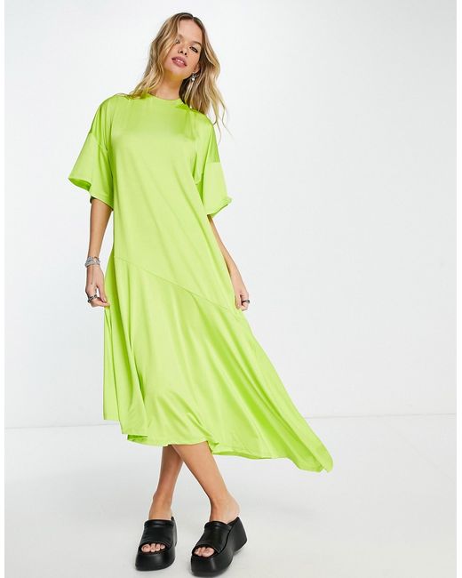 TopShop asymmetric plisse jersey throw-on dress in lime-