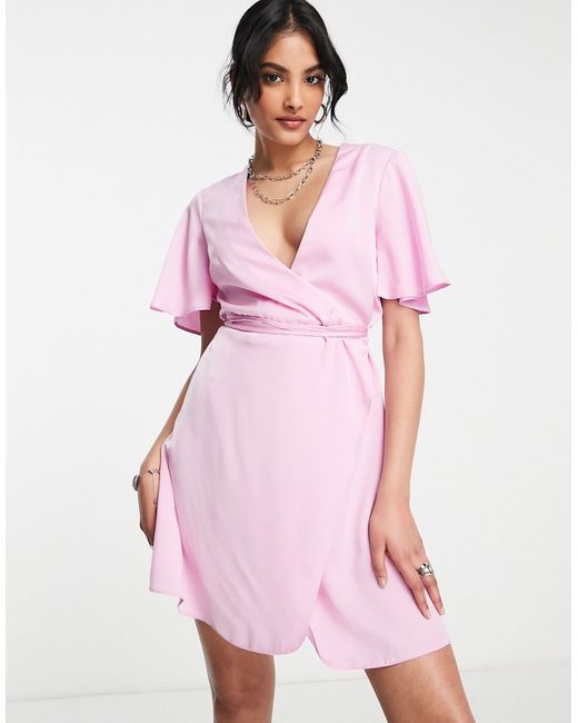 Asos Design satin bias mini wrap dress with fluted sleeve in lilac-