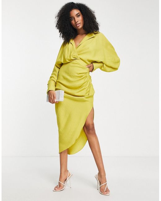 ASOS Edition textured drape midi shirt dress with tie detail in chartreuse-