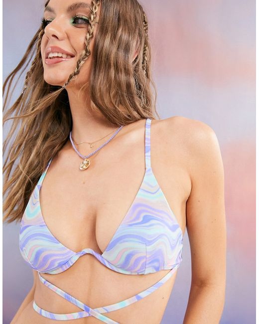 Asos Design lattice v wire bikini top in ripple print-