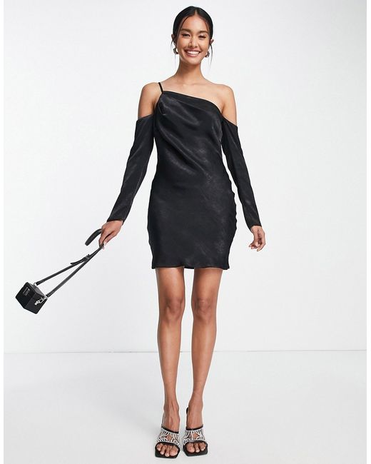 Asos Design asymmetric satin mini dress with cold shoulder in