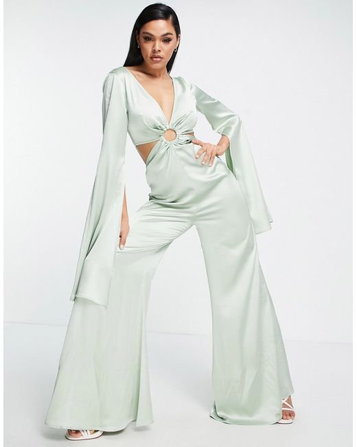 Asos Design satin ring detail cut out extreme flare sleeve jumpsuit in sage-