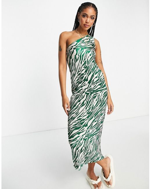 Asos Design plisse one shoulder midi dress in green and cream zebra-