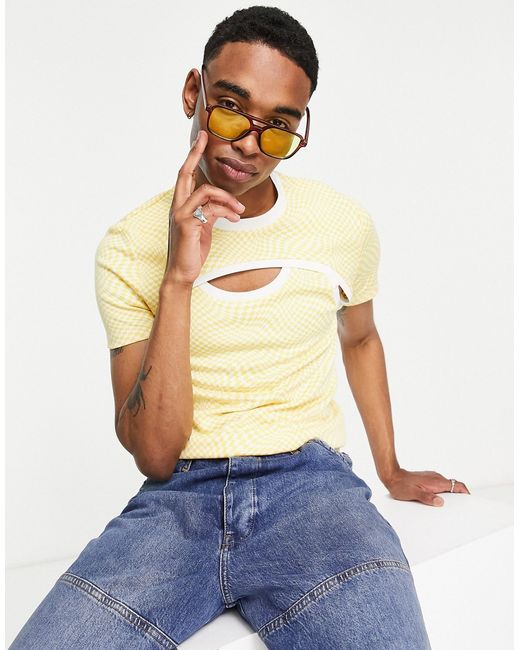 Asos Design skinny t-shirt in check print with cut outs