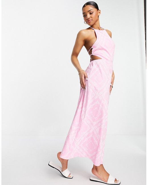 Asos Design halter maxi dress with open back in pink bandana print-