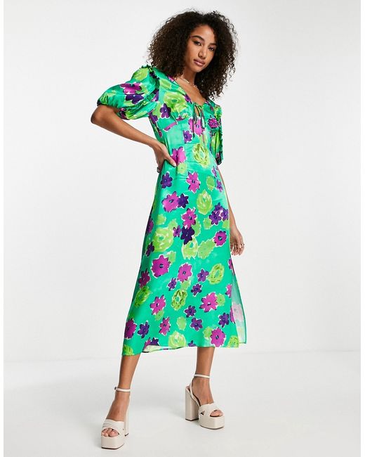 TopShop graphic floral midi angel sleeve dress in