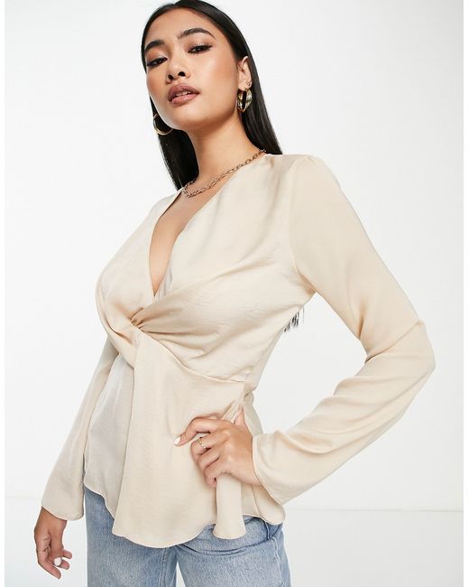 Asos Design satin twist front blouse with flared sleeve in champagne-
