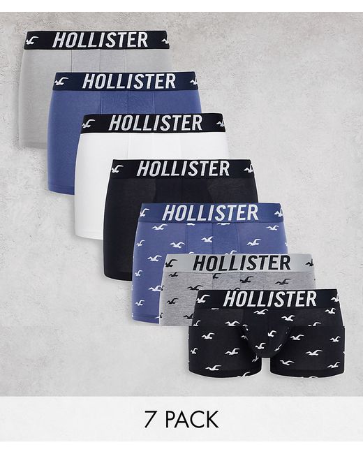 Hollister 7 pack all over icon logo and plain trunks in grays/blues/white/black-