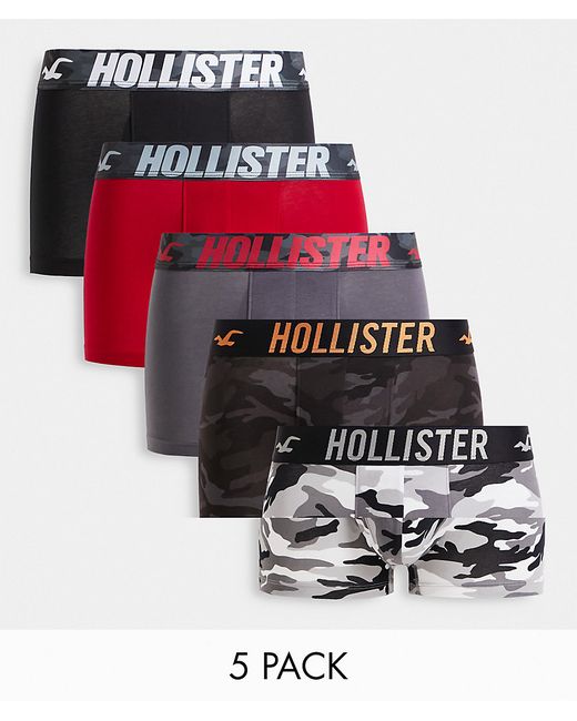 Hollister 5 pack camo prints and plain trunks in grays/black/red-