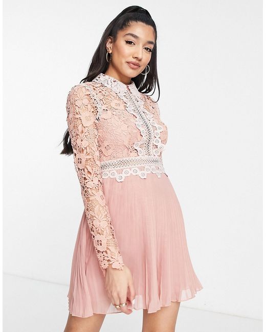 Asos Design lace mini dress with collar detail and pleated skirt-