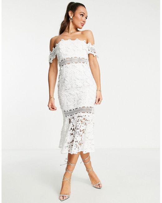 Asos Design bardot midi dress with pep hem in guipure lace-